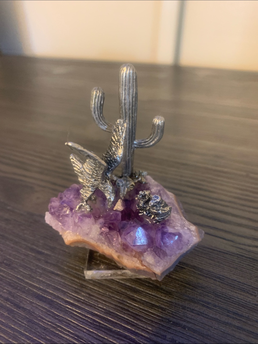 Amethyst Geode Jewelry Holder with Silver Cactus Accent